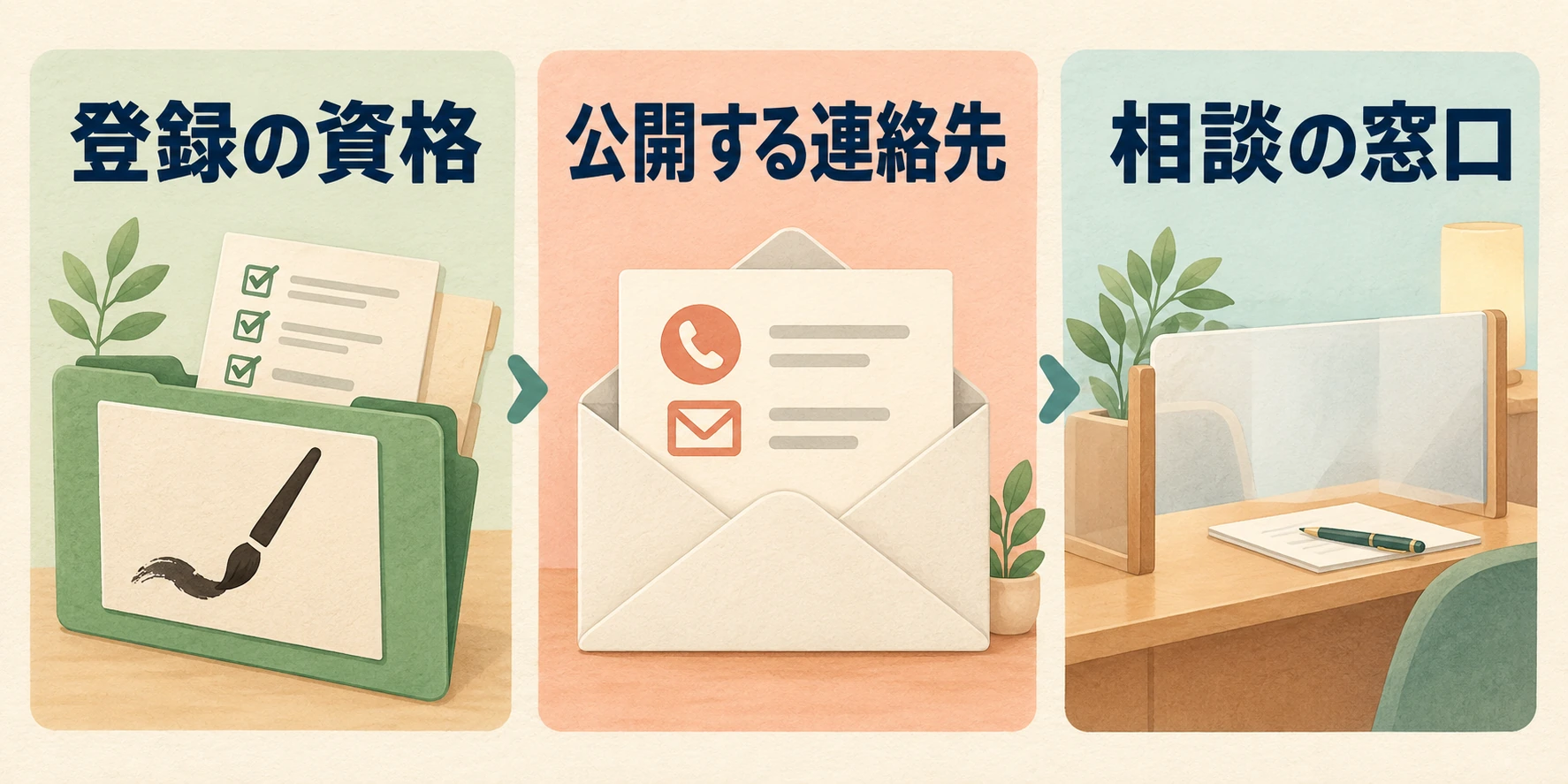 登録の資格、公開する連絡先、相談の窓口を分けて確認する図