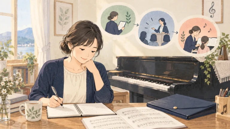 岩手のピアノ指導者が協会の研修を検討するにはを表す説明用の生成イラスト