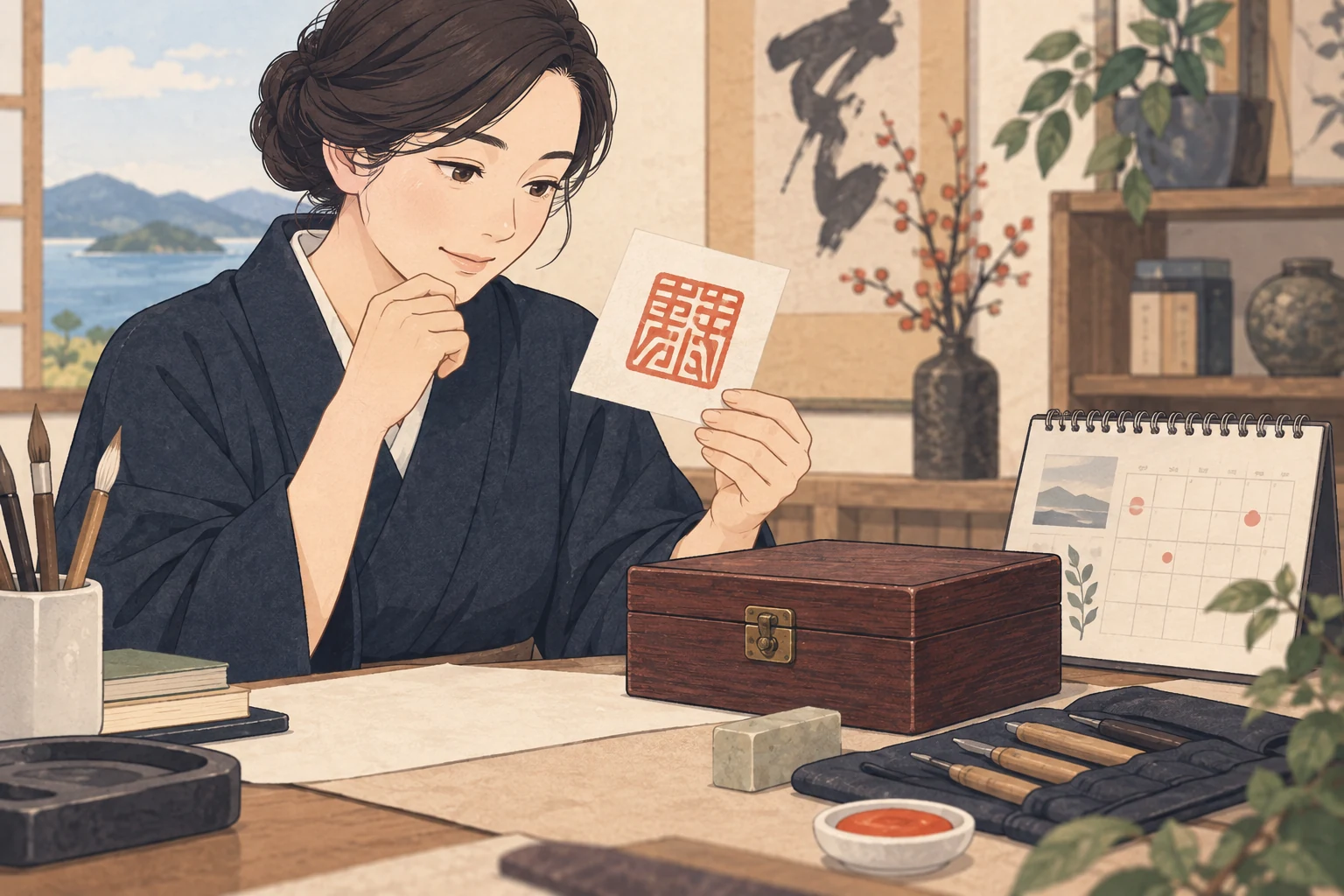 香川の書道教室で篆刻を案内するにはを表す生成イラスト