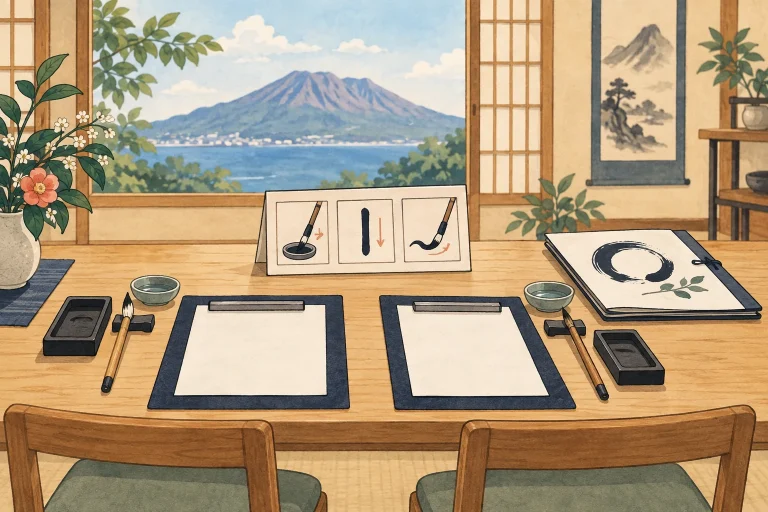 鹿児島の書道教室で外国人向け体験を企画するにはを表す説明用の生成イラスト