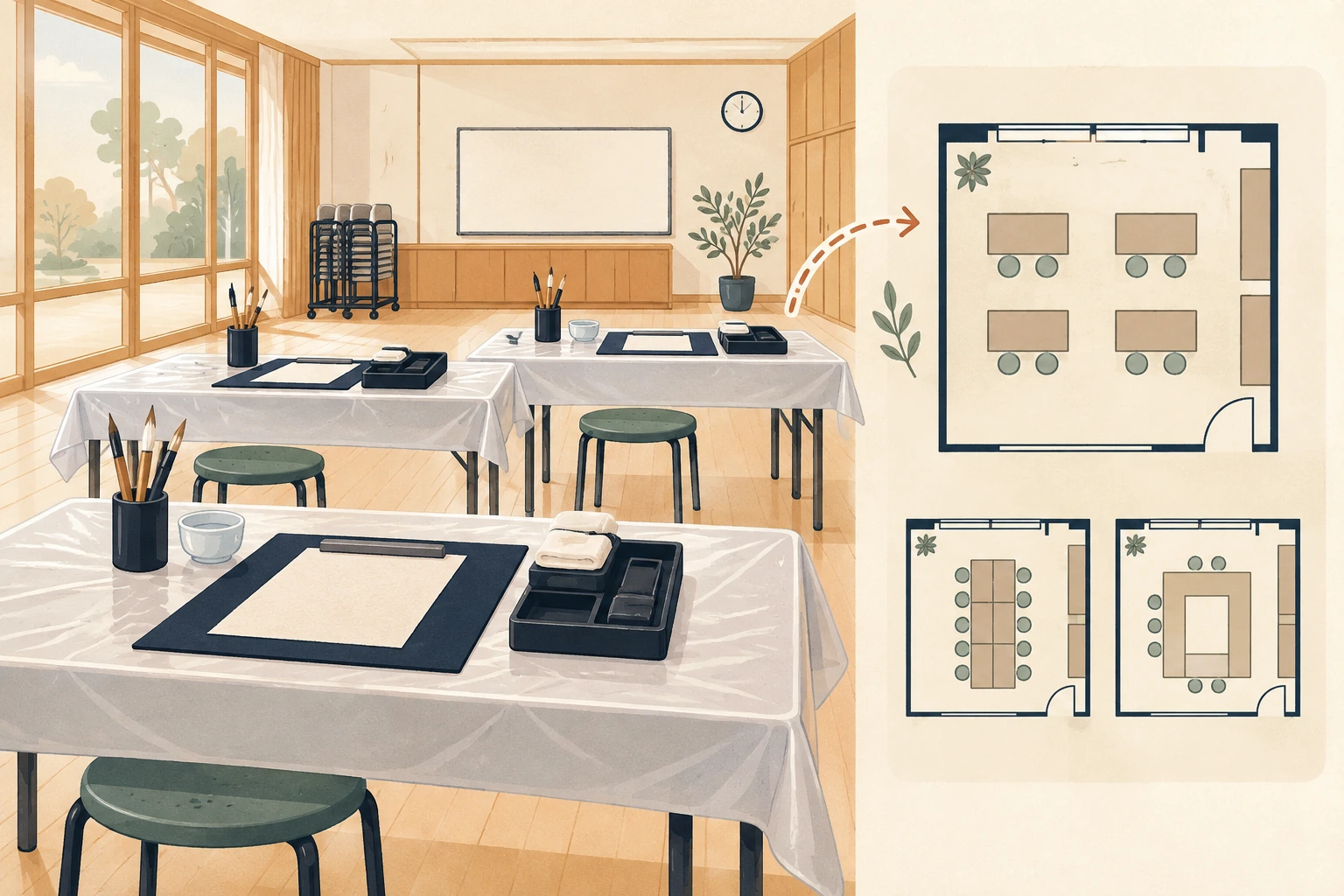 熊本で書道の会場を探すときはを表す説明用の生成イラスト