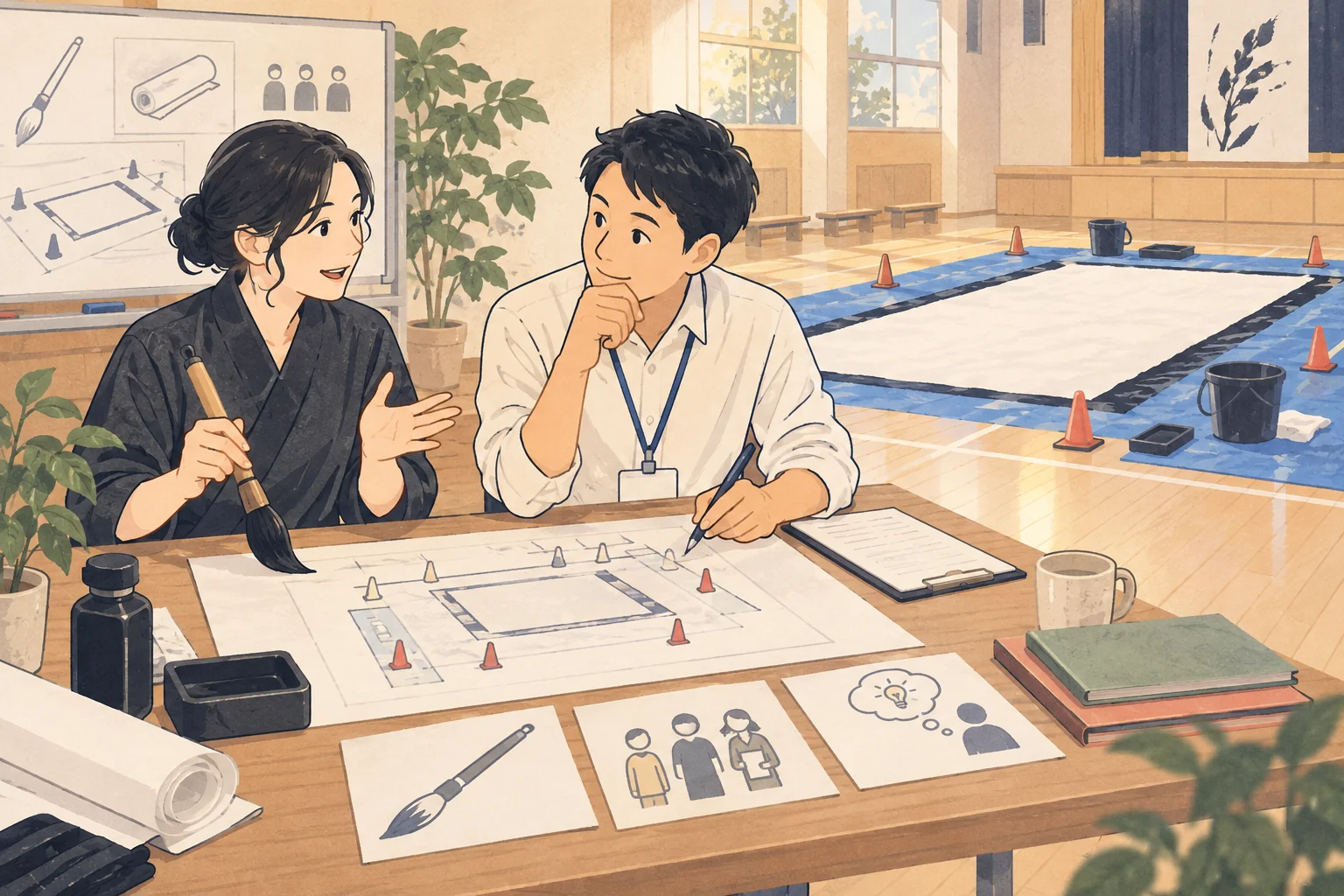 三重の書道教室で学校への出張体験を企画するにはを表す説明用の生成イラスト