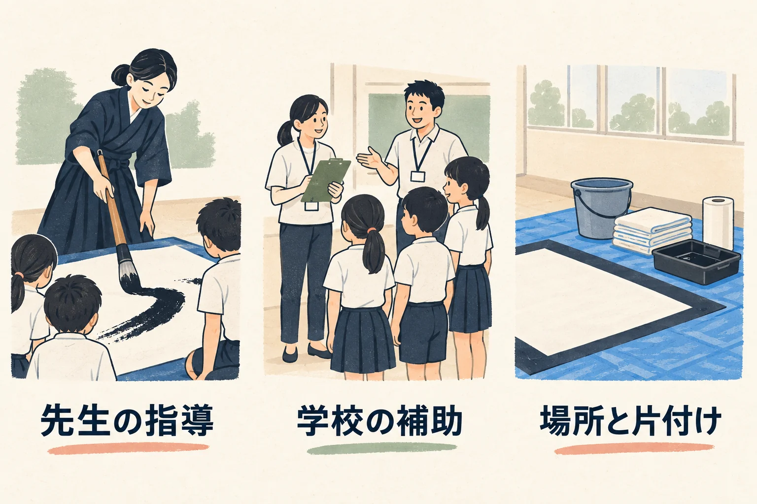 先生の指導、学校の補助、場所と片付けの確認項目を分ける図