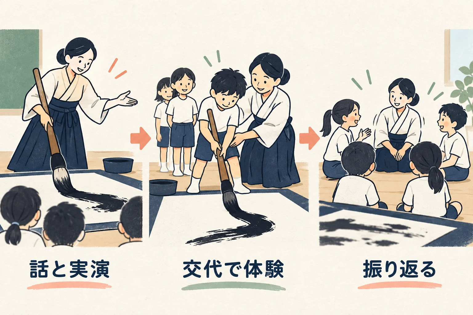 話と実演、交代で体験、振り返るの順に進める手順の図