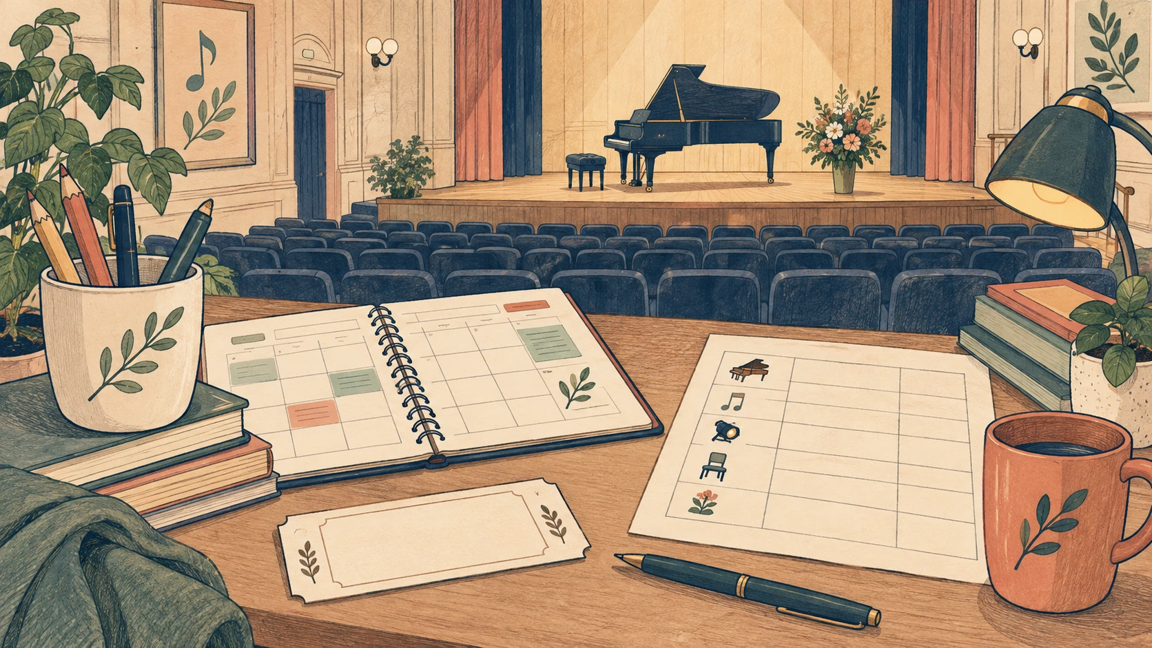 宮崎のピアノ発表会の会場費を確認するにはを表す説明用の生成イラスト
