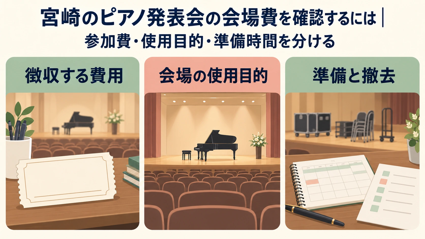 徴収する費用、会場の使用目的、準備と撤去を分けて確認する図