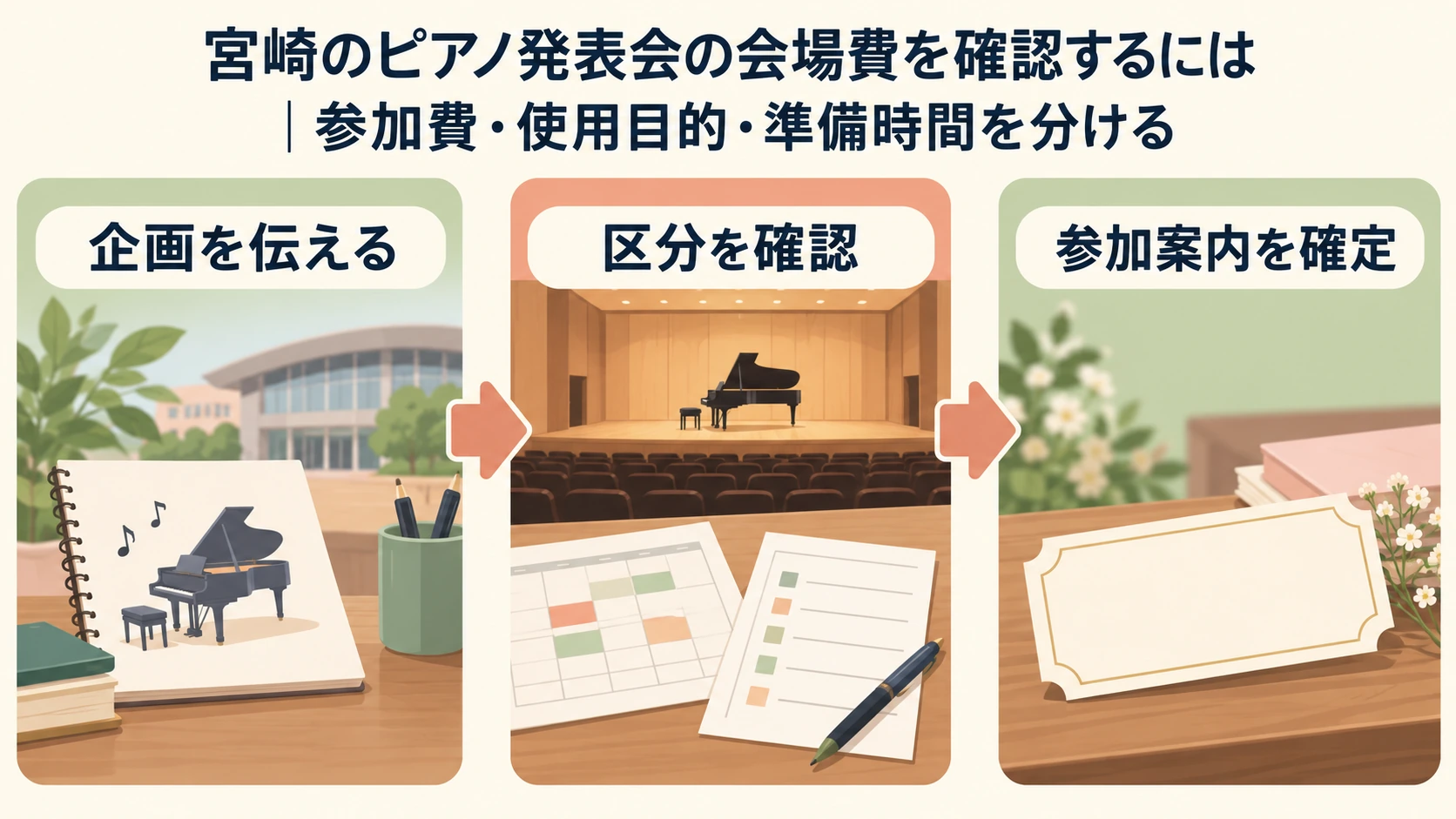 企画を伝える、区分を確認、参加案内を確定を順に進める図