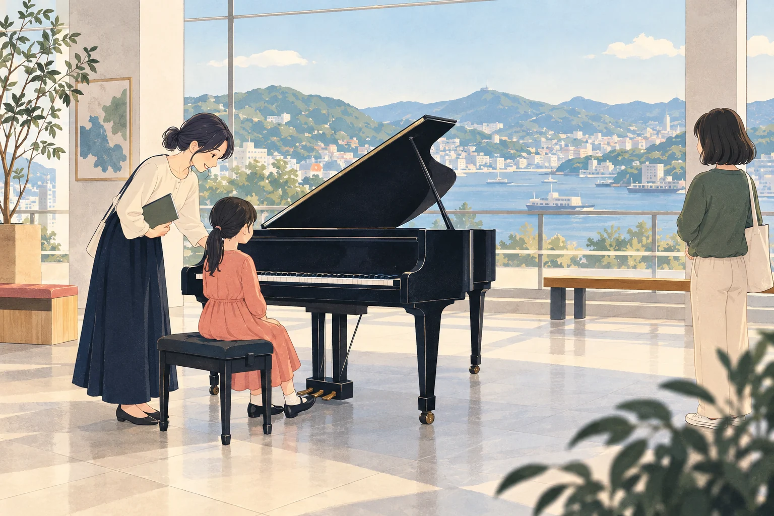 長崎のピアノ教室でストリートピアノを案内するにはを表す説明用の生成イラスト
