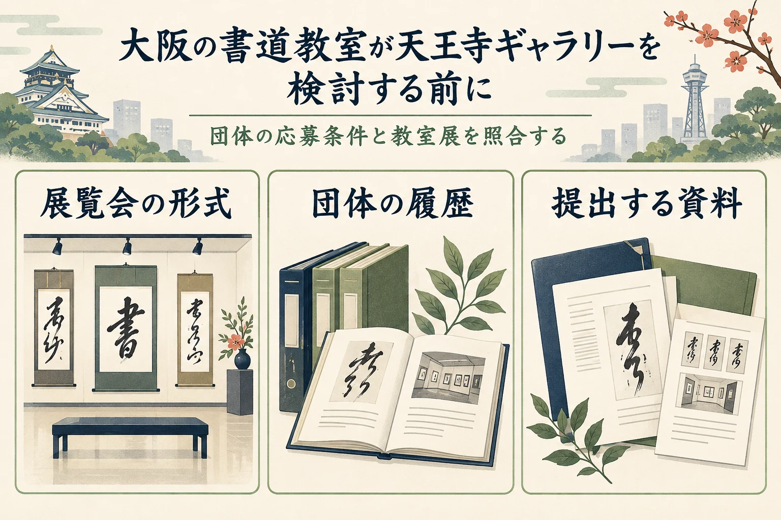 展覧会の形式、団体の履歴、提出する資料の確認項目を分ける図