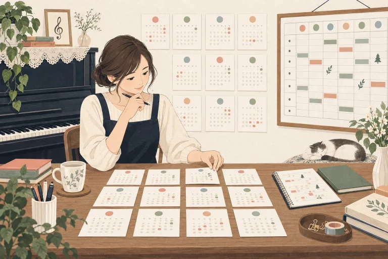 ピアノ教室の年間レッスンカレンダーを表す生成イラスト