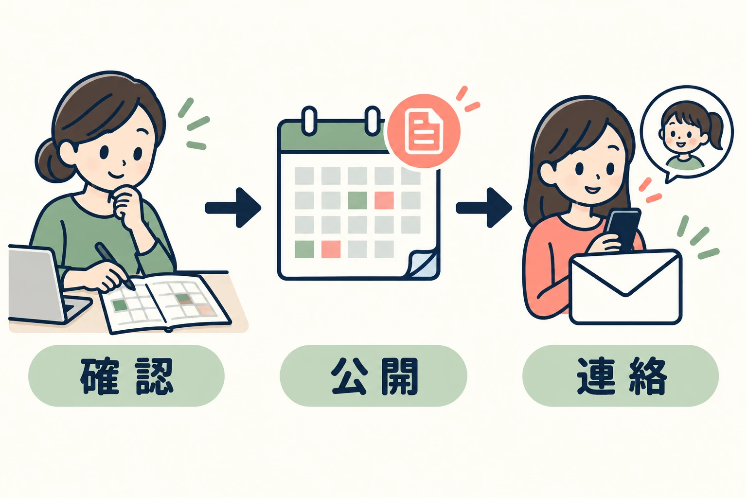 予定を確認し、更新版を公開し、家庭へ連絡する手順の図