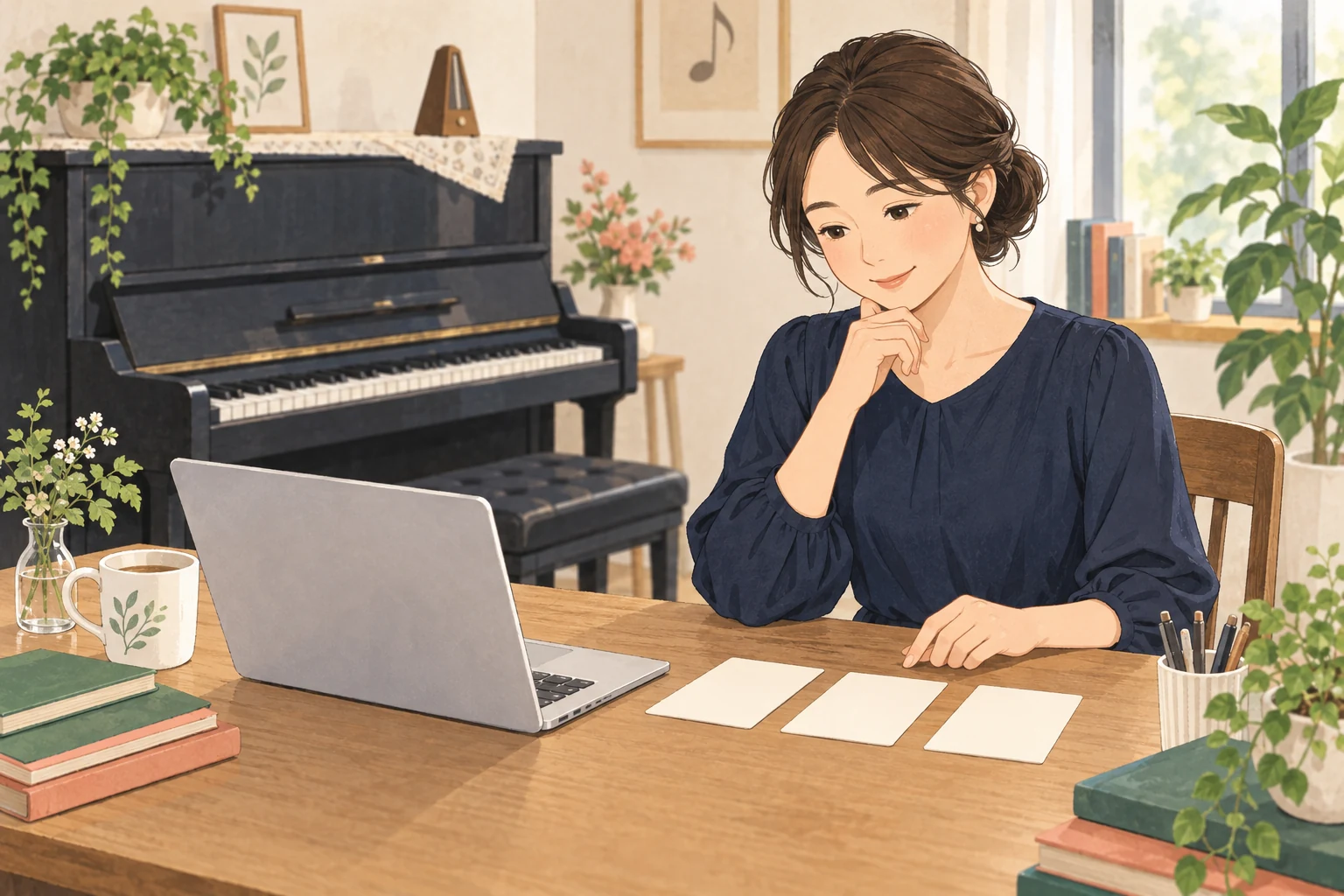 ピアノ教室のブログの書き方を表す説明用の生成イラスト