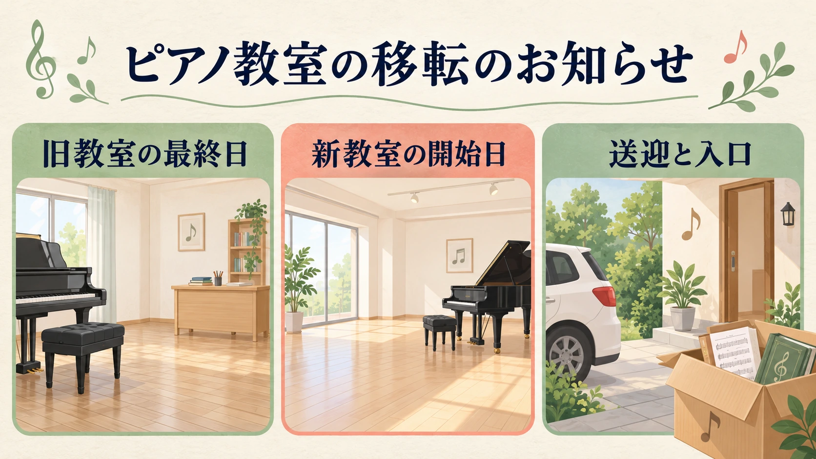 旧教室の最終日、新教室の開始日、送迎と入口を分けて確認する図
