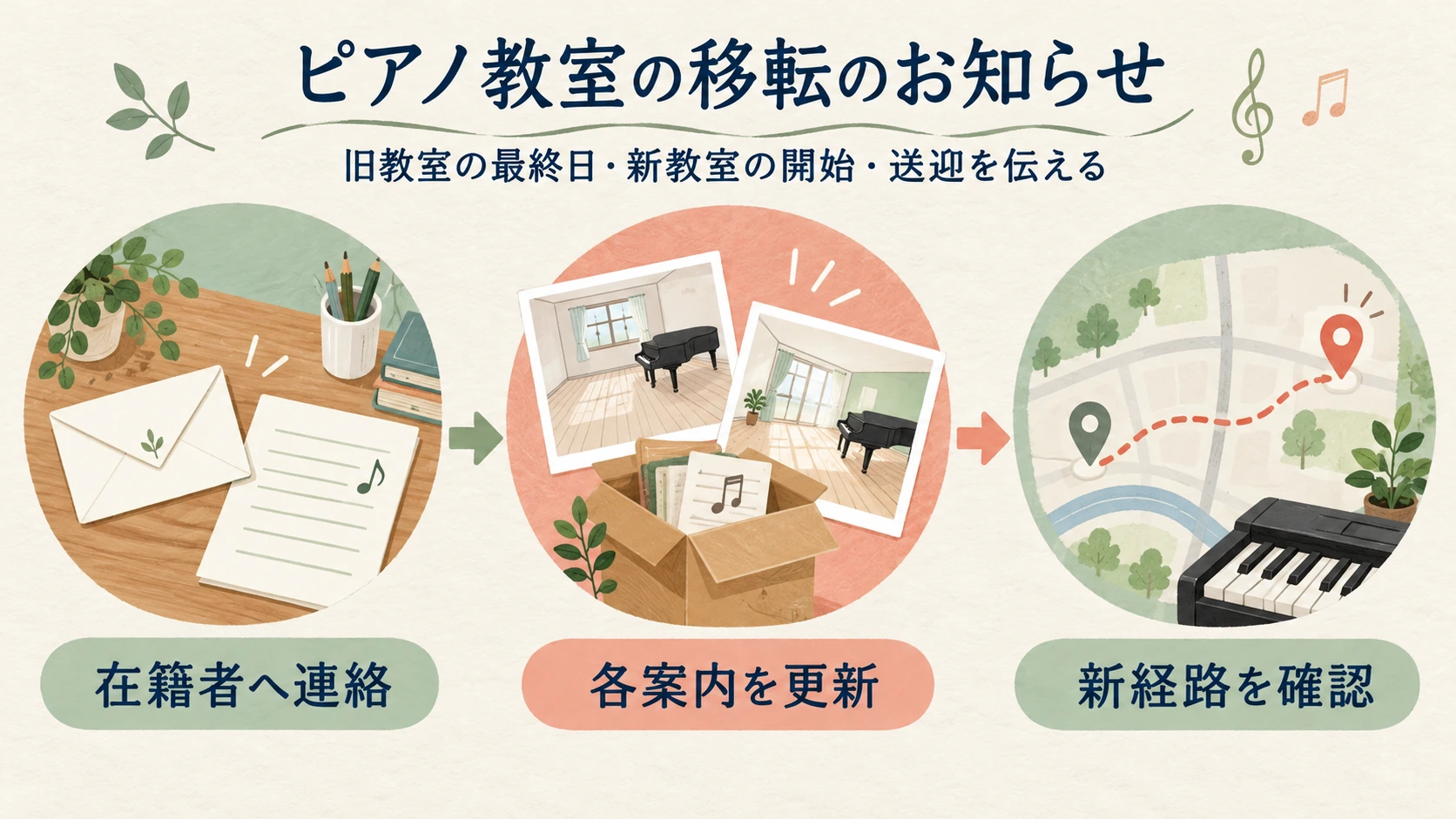 在籍者へ連絡、各案内を更新、新経路を確認を順に進める図