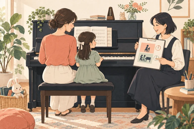 ピアノ教室の連弾・親子コースの案内を表す説明用の生成イラスト