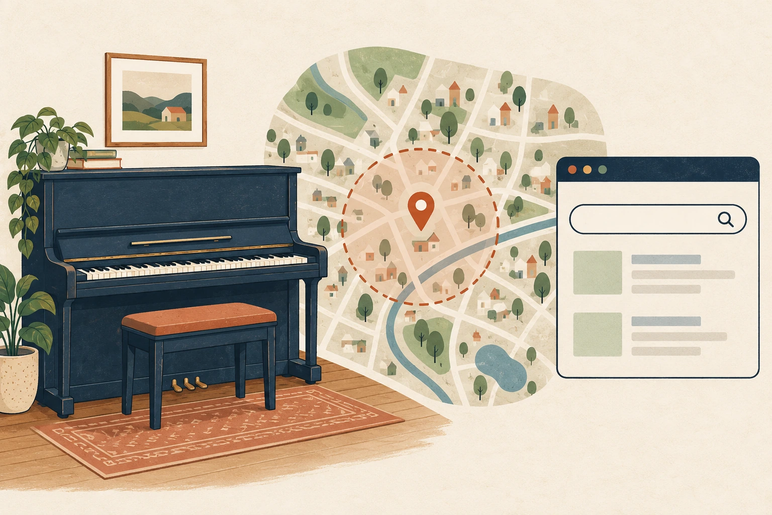 ピアノ教室のGoogle広告で地域を設定するにはを表す説明用の生成イラスト