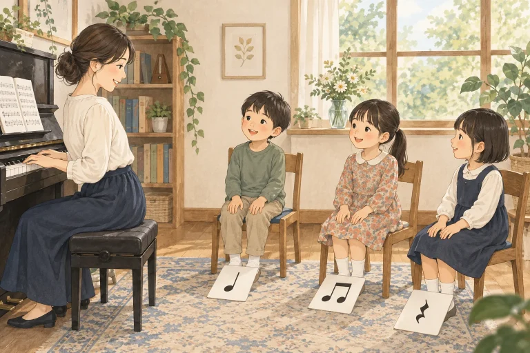 ピアノ教室のグループレッスン案内を表す説明用の生成イラスト