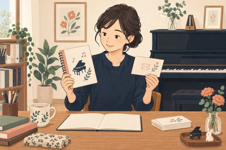 ピアノ教室のレッスンノートの案内を表す説明用の生成イラスト