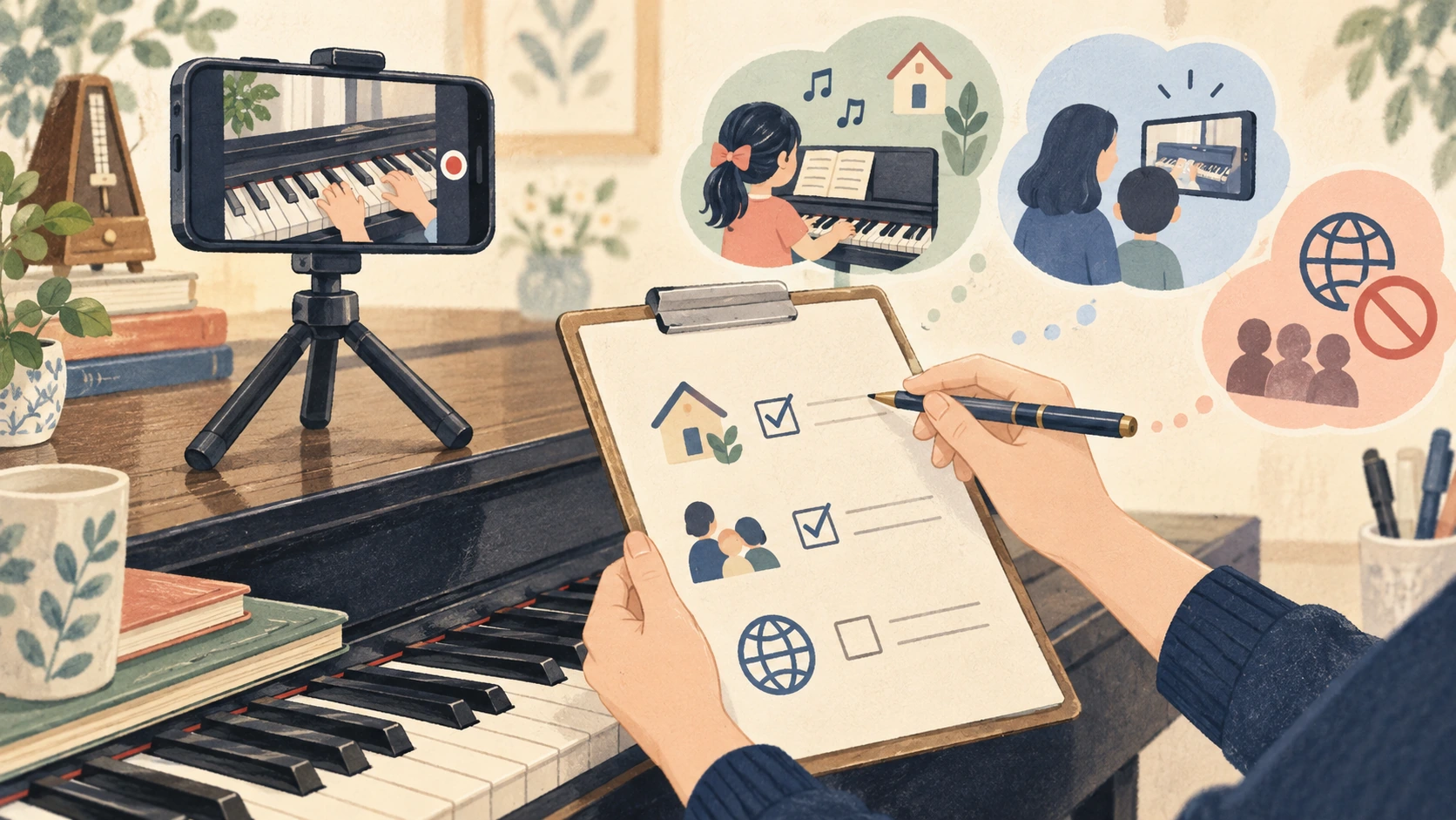ピアノ教室のレッスン録音・録画の案内を表す説明用の生成イラスト