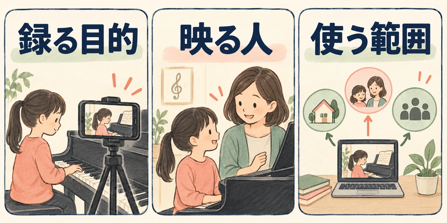 録る目的、映る人、使う範囲を分けて確認する図