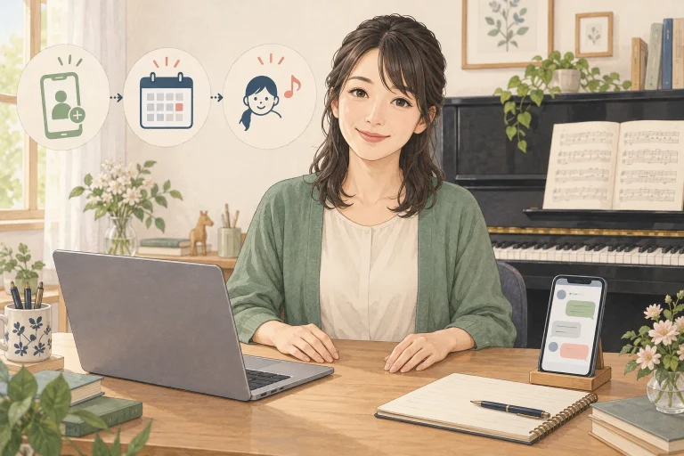 ピアノ教室のLINE体験受付を表す説明用の生成イラスト