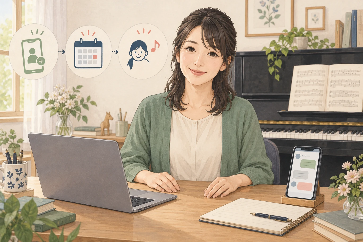 ピアノ教室のLINE体験受付を表す説明用の生成イラスト