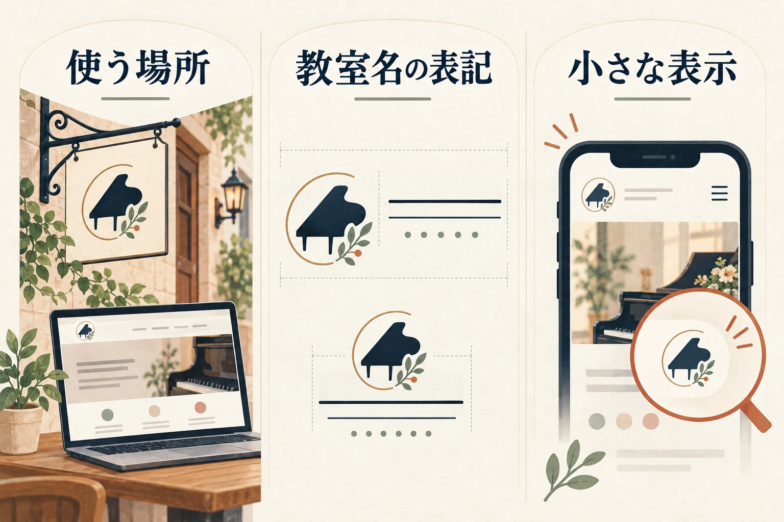 使う場所、教室名の表記、小さな表示を分けて確認する図