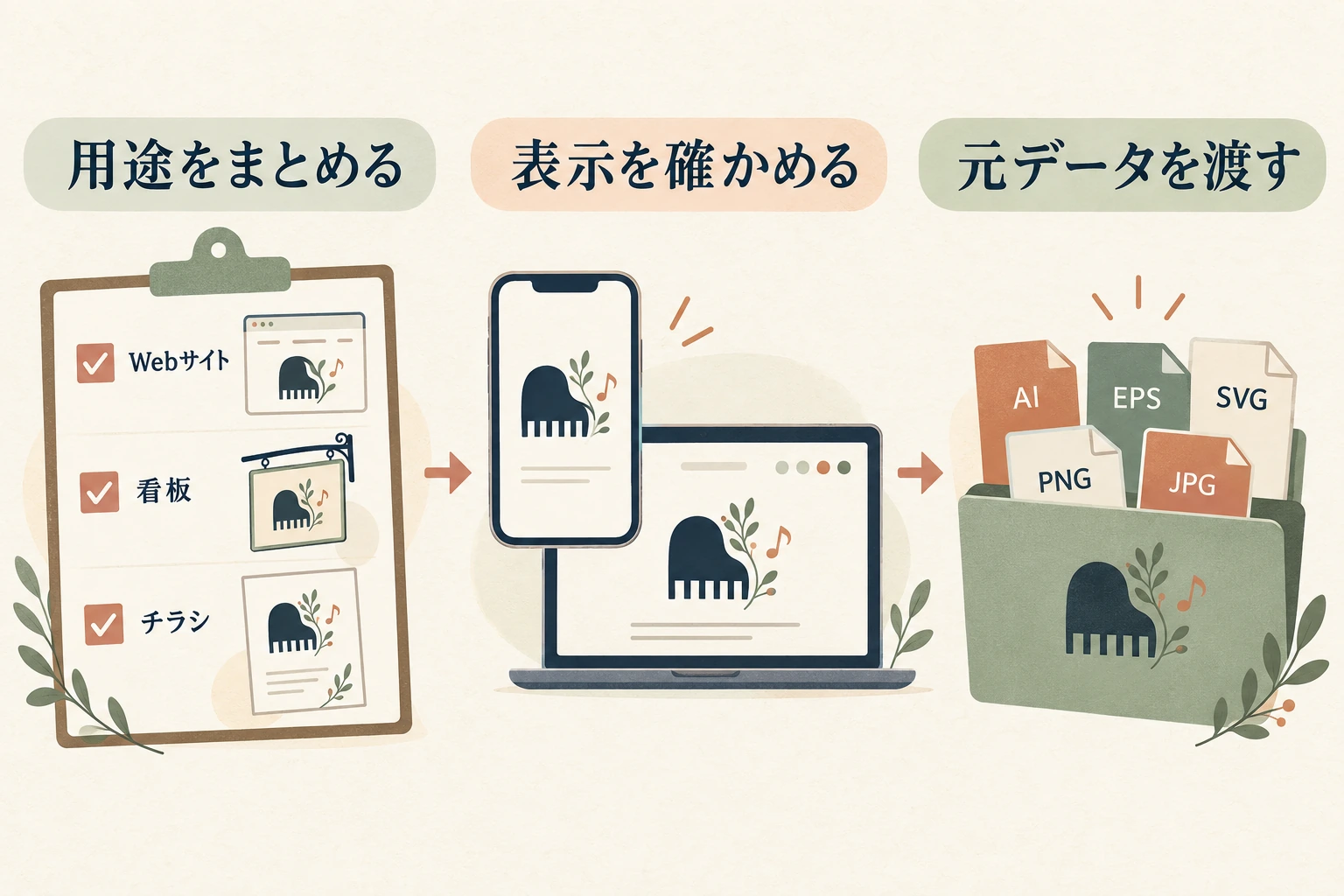 用途をまとめる、表示を確かめる、元データを渡すを順に進める図