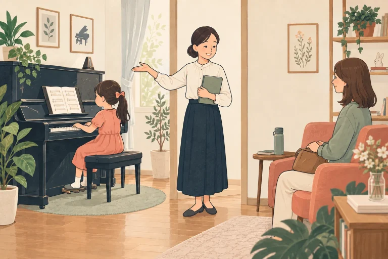 ピアノの先生が子どものレッスンと保護者の見学を案内する説明用の生成イラスト