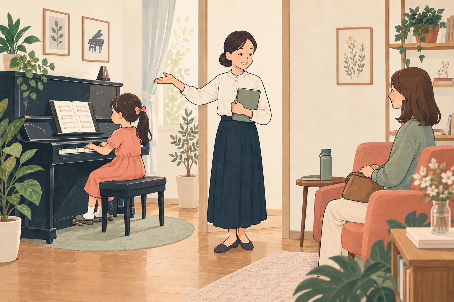 ピアノの先生が子どものレッスンと保護者の見学を案内する説明用の生成イラスト