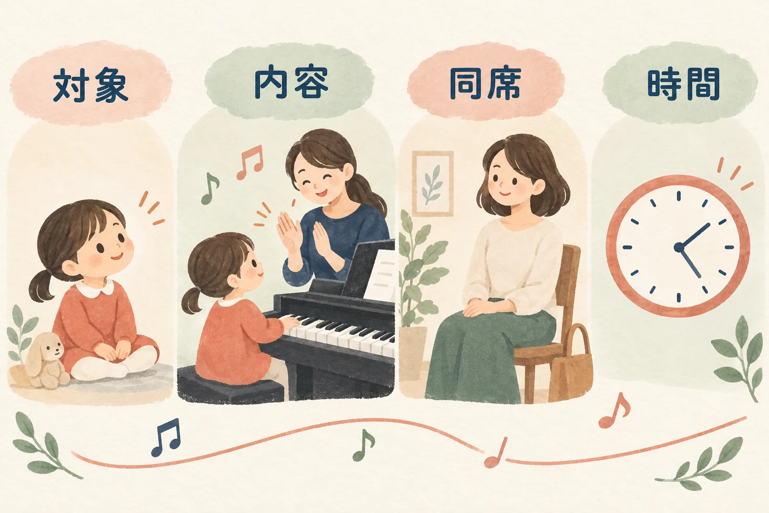 幼児コースの対象、内容、保護者の同席、時間を分ける図