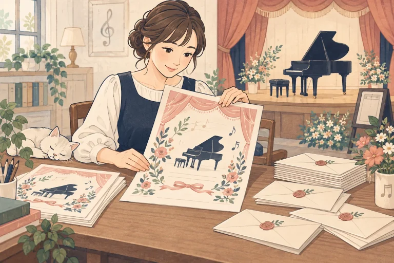 ピアノ教室の発表会案内の書き方を表す生成イラスト