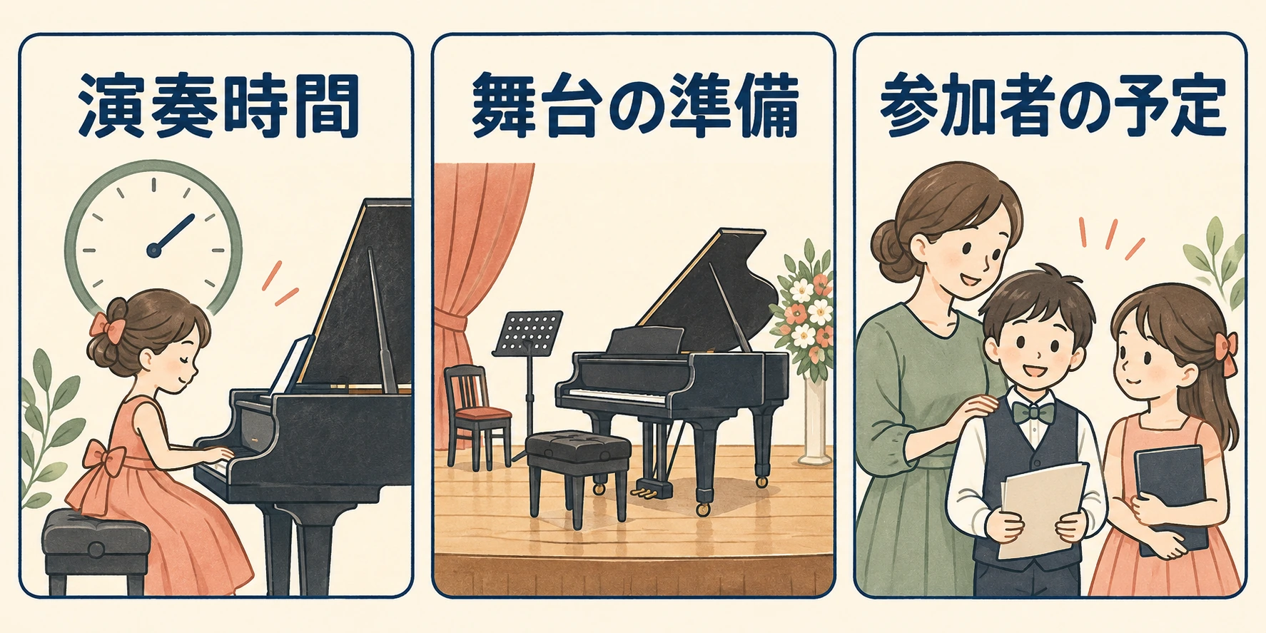 演奏時間、舞台の準備、参加者の予定を分けて確認する図