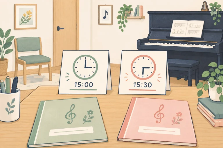 ピアノ教室の兄弟姉妹の時間割を表す説明用の生成イラスト