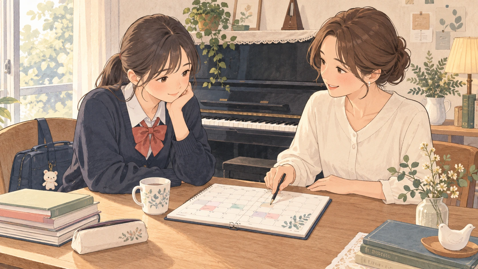 ピアノ教室の中学生・高校生の継続案内を表す説明用の生成イラスト