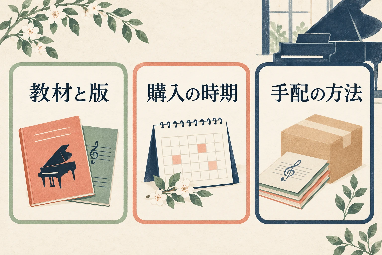教材と版、購入の時期、手配の方法の確認項目を分ける図