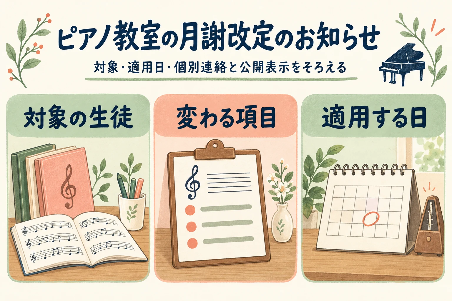 対象の生徒、変わる項目、適用する日の確認項目を分ける図