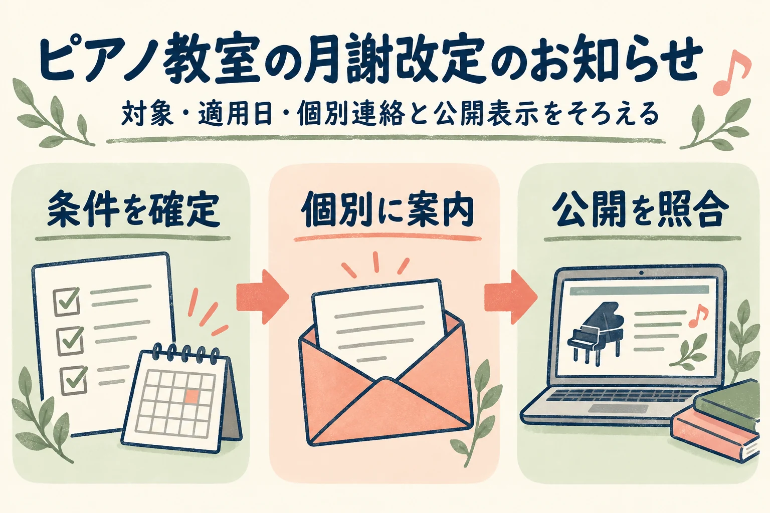 条件を確定、個別に案内、公開を照合の順に進める手順の図