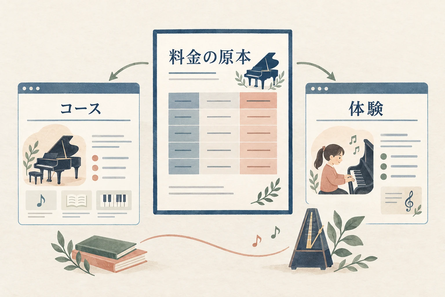 料金の原本を中心にコースと体験ページの表示を照合する図