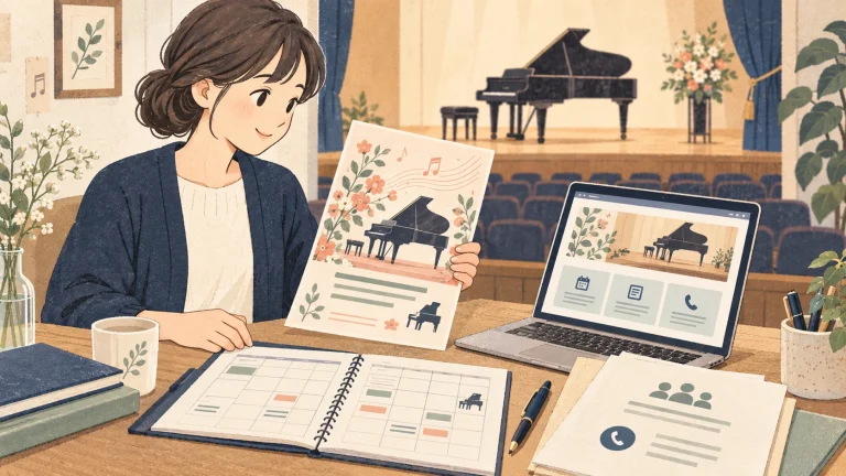 佐賀のピアノ発表会の告知準備を表す説明用の生成イラスト