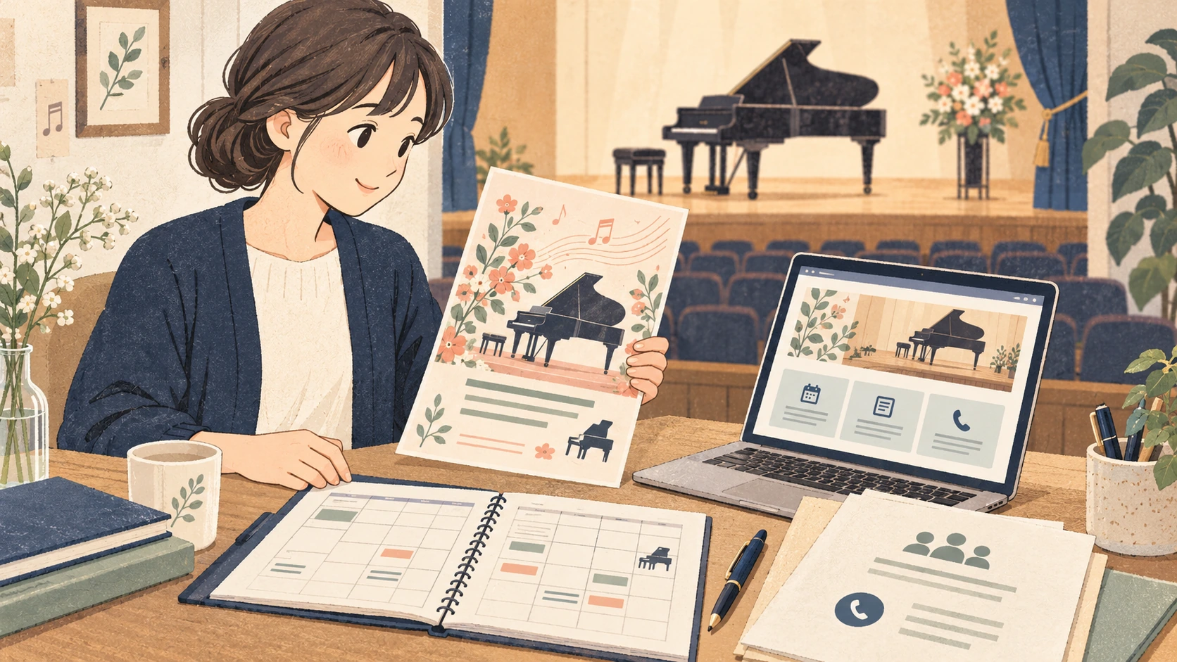 佐賀のピアノ発表会の告知準備を表す説明用の生成イラスト