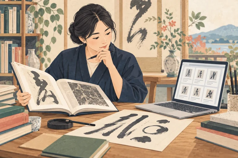 佐賀の書道教室で梧竹を学ぶ資料を選ぶにはを表す生成イラスト