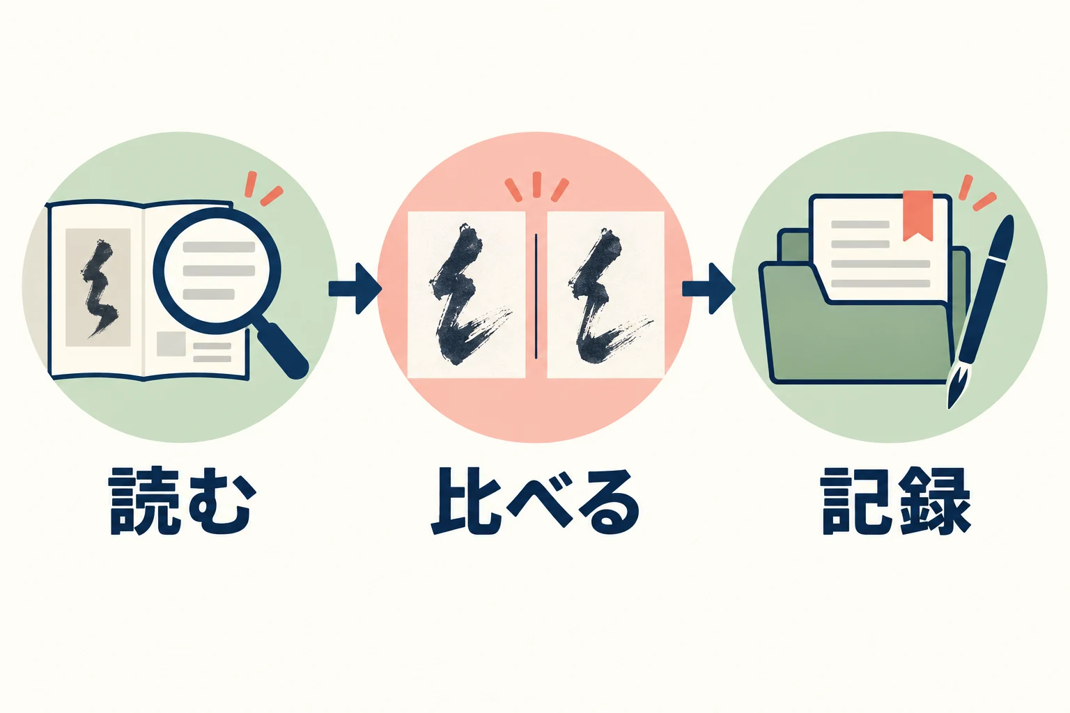 資料を読み、作品を比べ、出典と観察を記録する手順の図