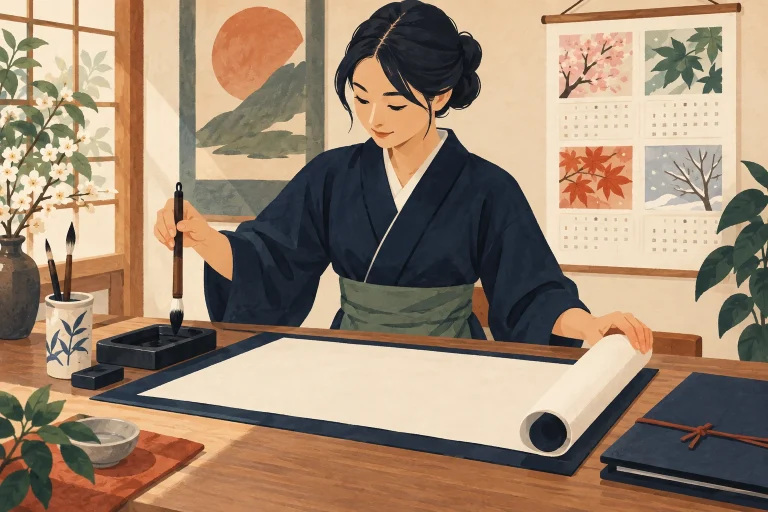 埼玉の書道教室の書き初め講座案内の準備を表す生成イラスト