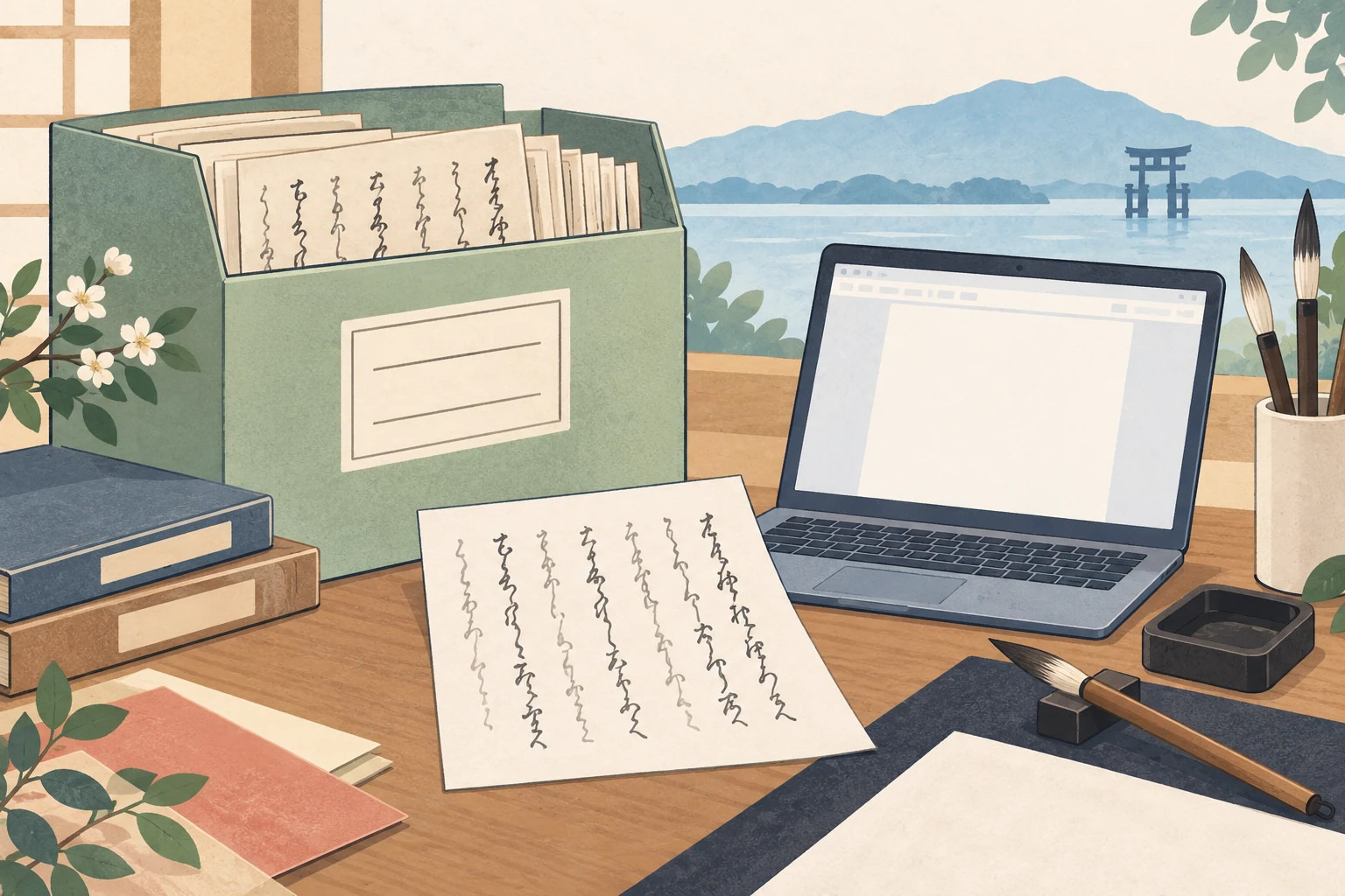 滋賀の書道教室で公文書資料を使うにはを表す説明用の生成イラスト