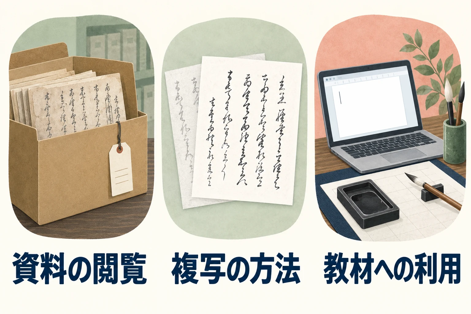 資料の閲覧、複写の方法、教材への利用の確認項目を分ける図