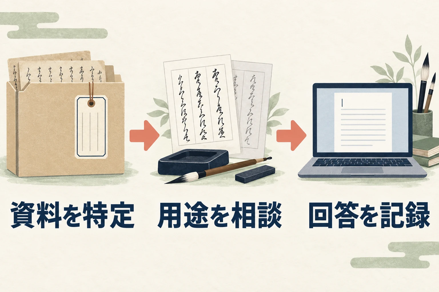 資料を特定、用途を相談、回答を記録の順に進める手順の図