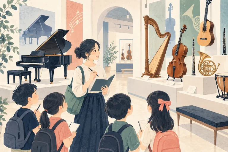 浜松のピアノ教室で楽器博物館の見学を企画するにはを表す先生向けのイラスト