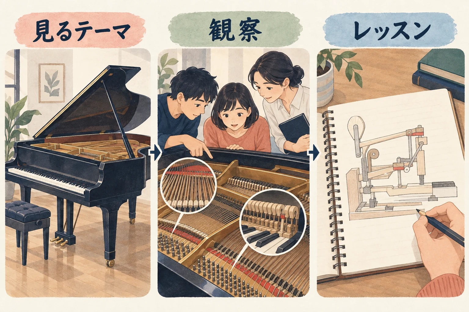 見るテーマを決め、楽器を観察し、レッスンで気付きを振り返る三段階の図