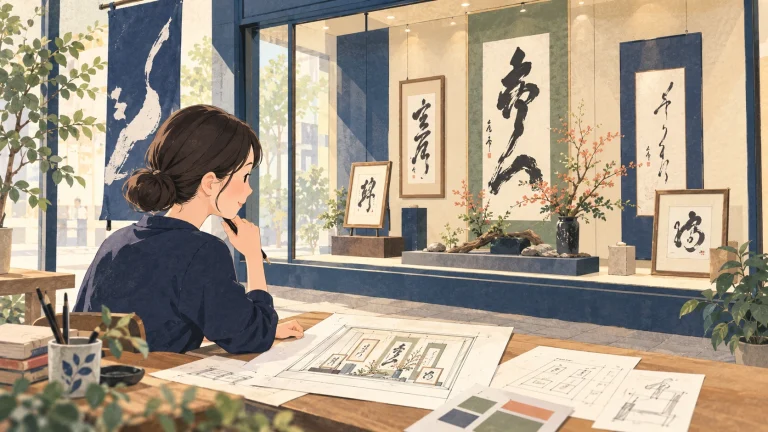 静岡の書道教室のショーウィンドー展示を表す説明用の生成イラスト